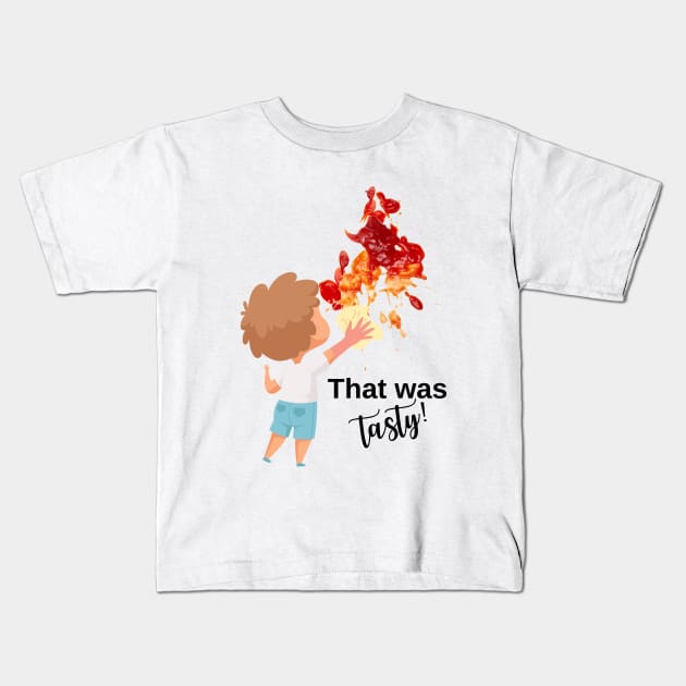 funny design with ketchup stain and kid Kids T-Shirt by Artpassion